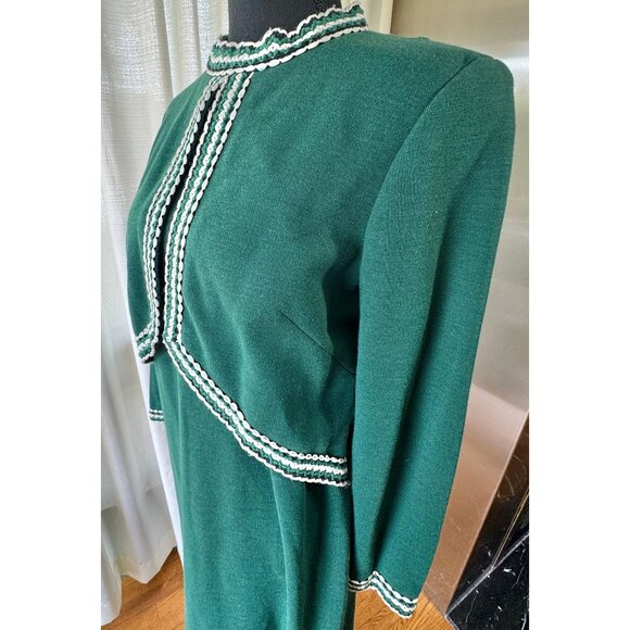 Vintage 60s dress, forest green, mock waistcoat, faux vest bodice, striped trim - Picture 2 of 10